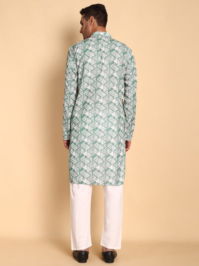 Traditional Green Tribal Abstract Boho Printed Men's Cotton Kurta