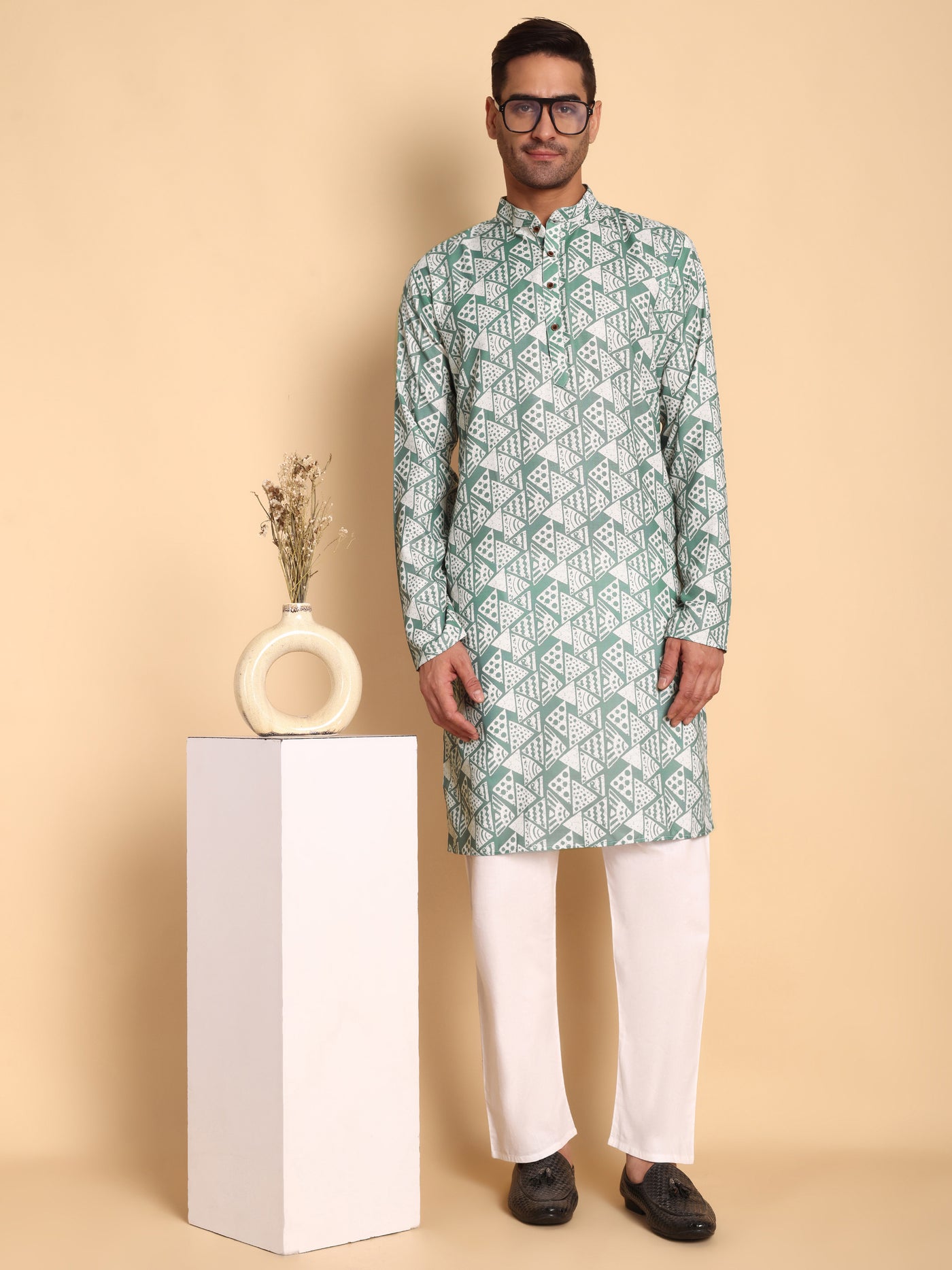 Traditional Green Tribal Abstract Boho Printed Men's Cotton Kurta