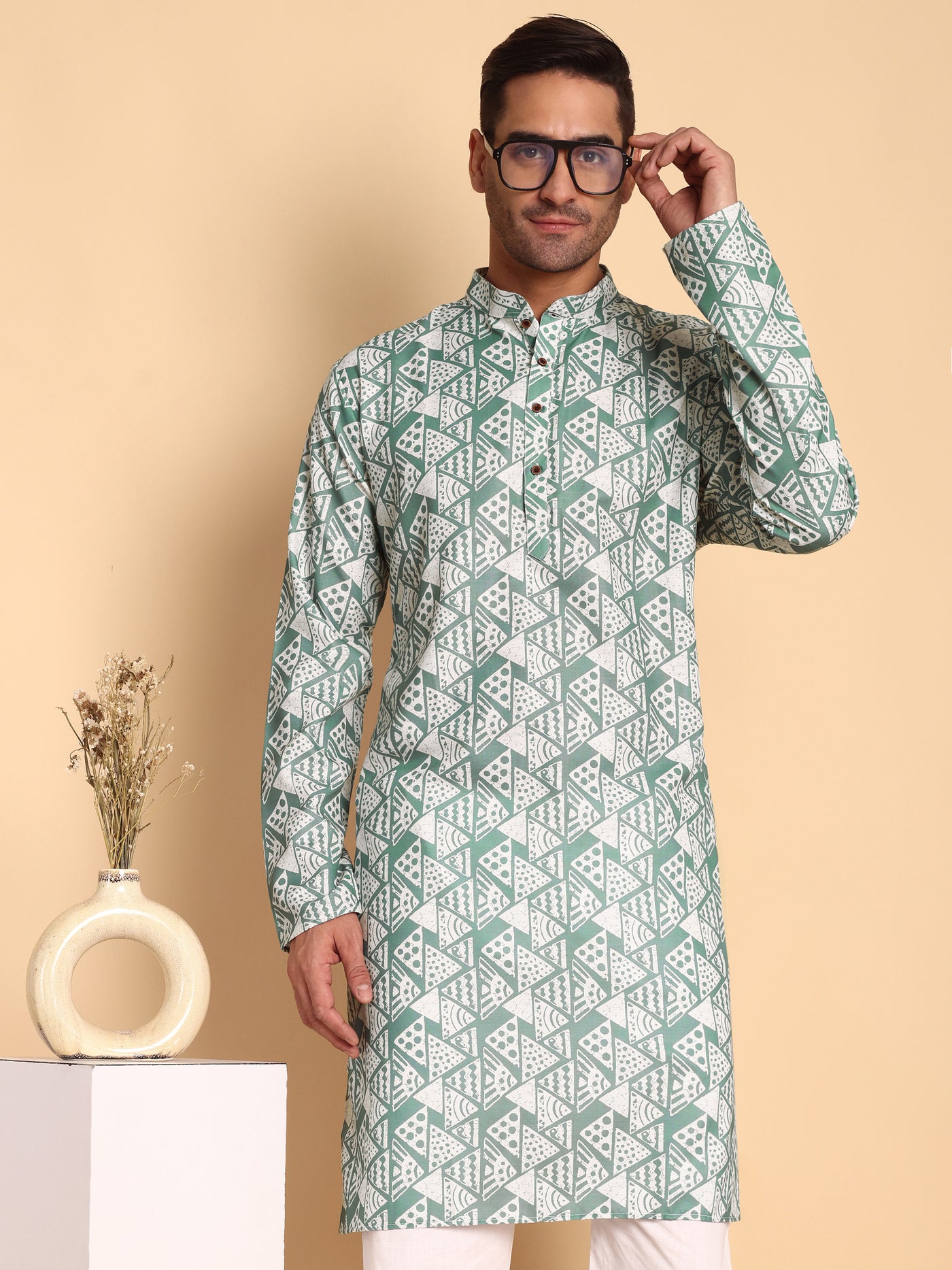 Traditional Green Tribal Abstract Boho Printed Men's Cotton Kurta