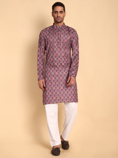 Traditional Maroon Moroccan Damask Printed Men's Cotton Kurta