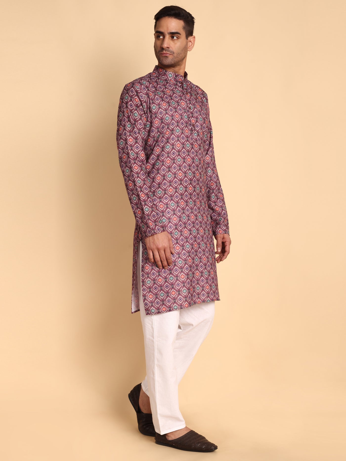 Traditional Maroon Moroccan Damask Printed Men's Cotton Kurta