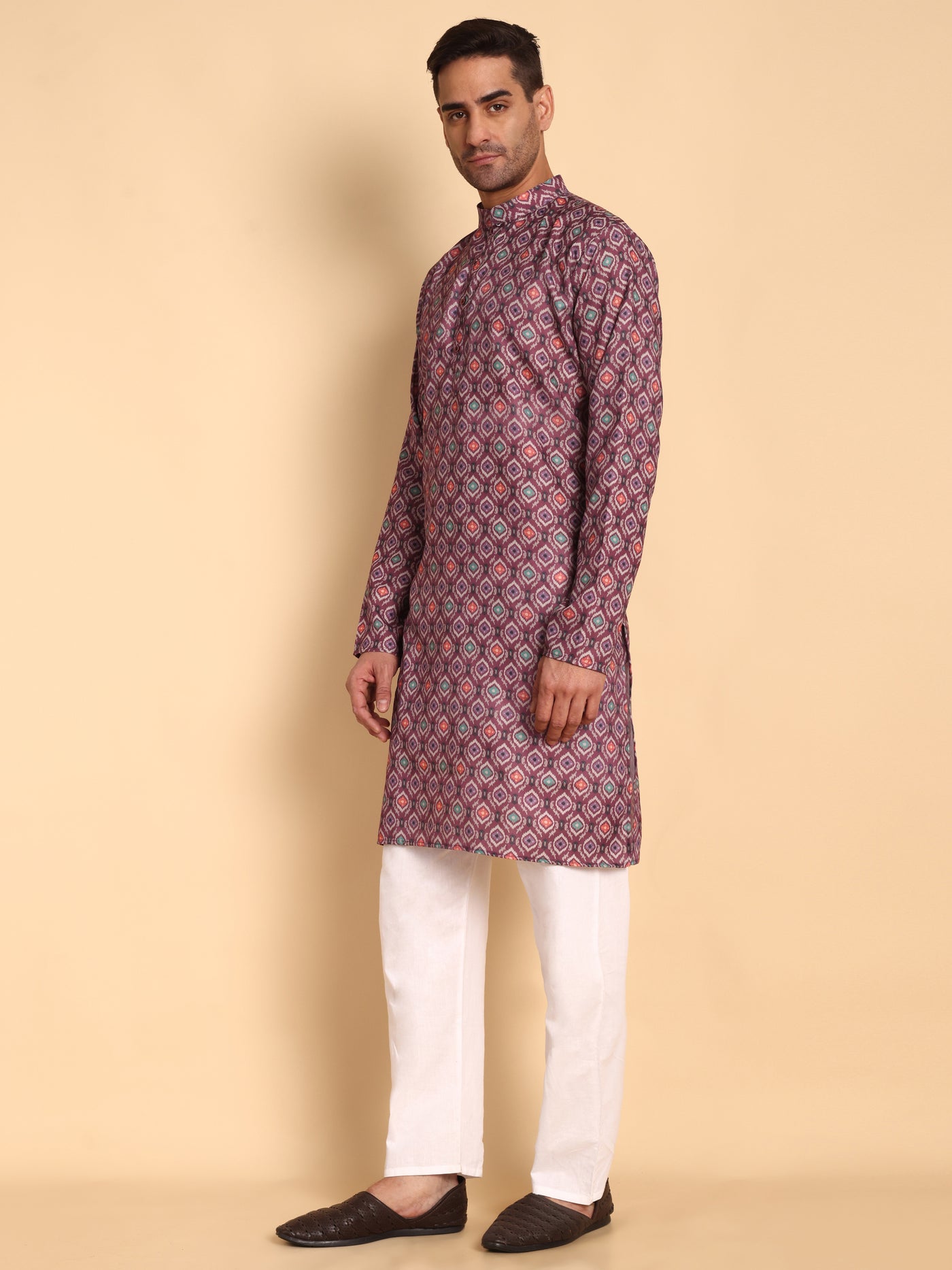 Traditional Maroon Moroccan Damask Printed Men's Cotton Kurta