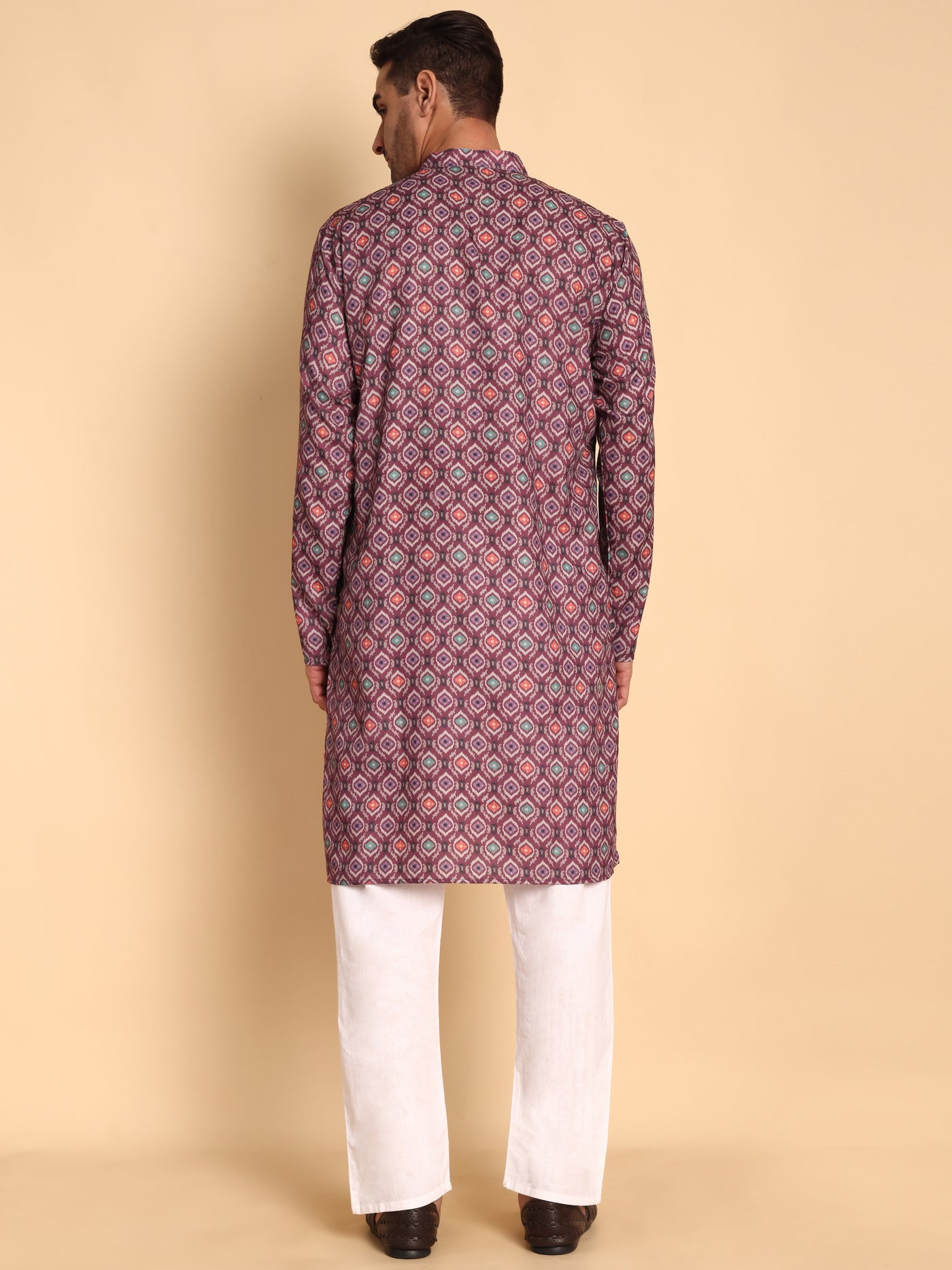 Traditional Maroon Moroccan Damask Printed Men's Cotton Kurta