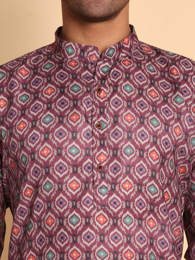 Traditional Maroon Moroccan Damask Printed Men's Cotton Kurta