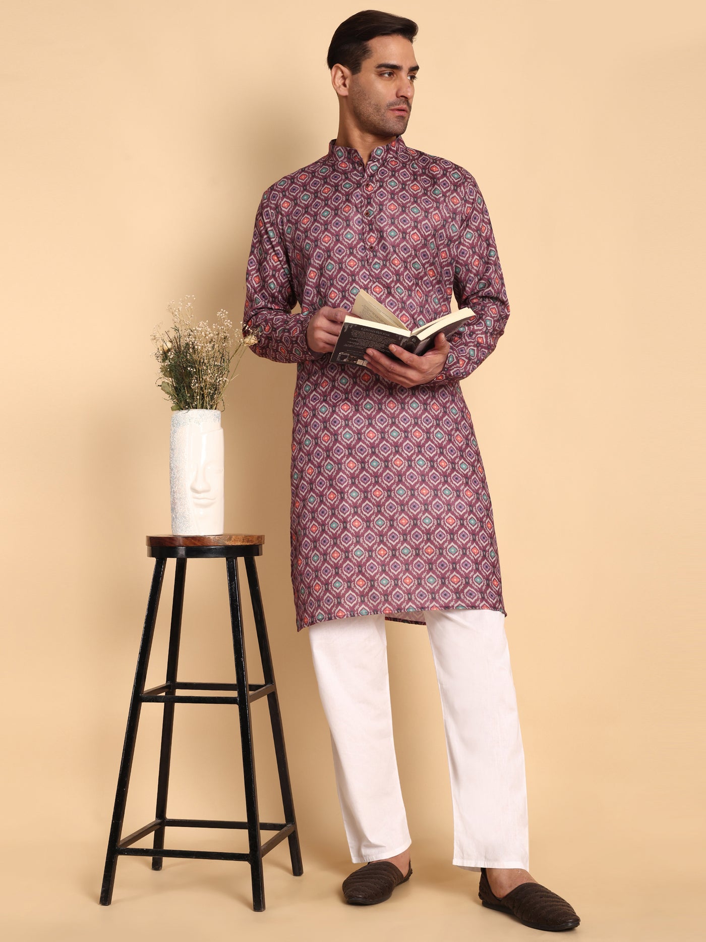 Traditional Maroon Moroccan Damask Printed Men's Cotton Kurta