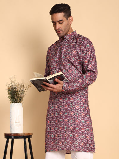 Traditional Maroon Moroccan Damask Printed Men's Cotton Kurta