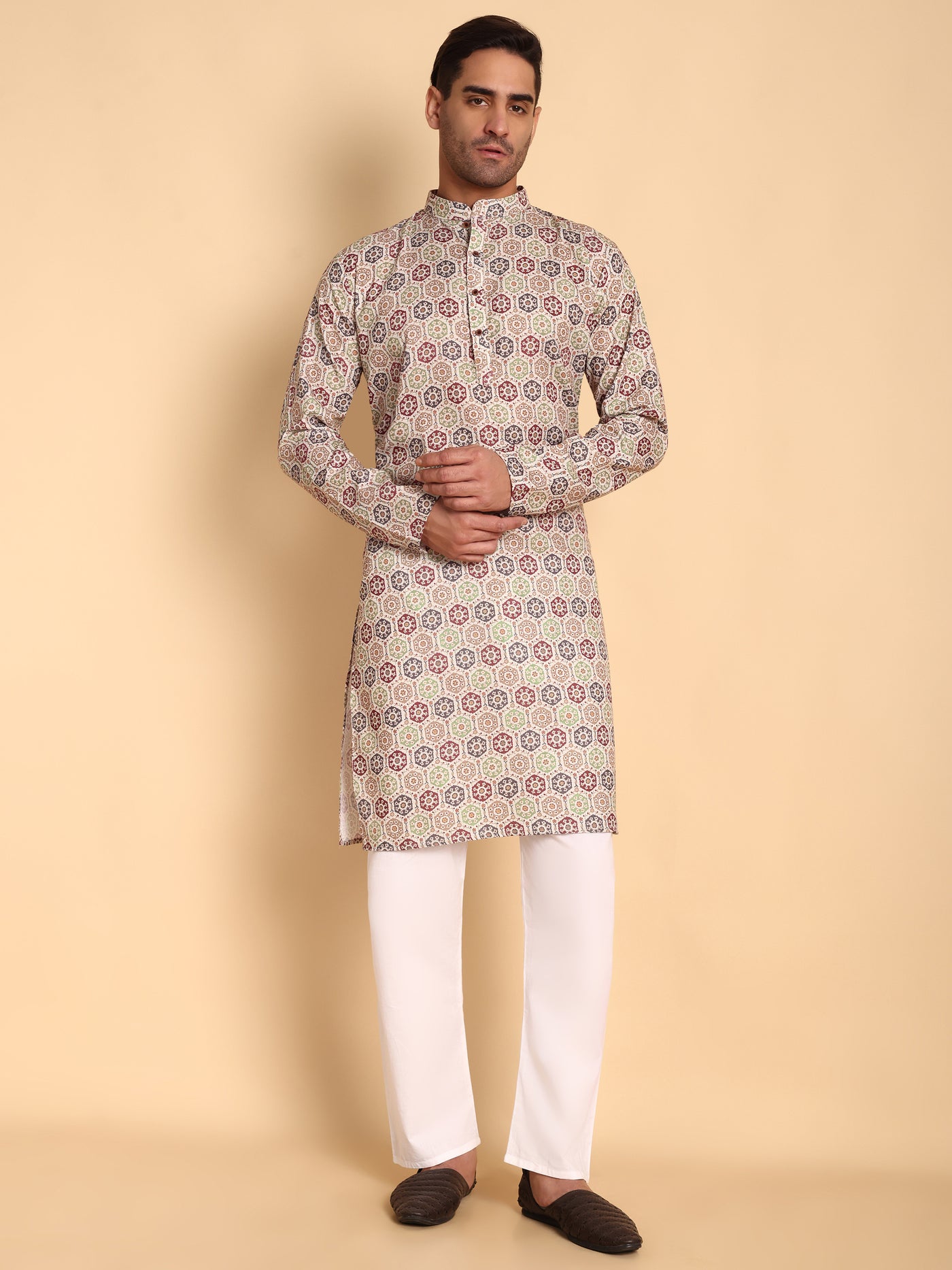 Traditional Beige Suzani Honey Comb Printed Men's Cotton Kurta