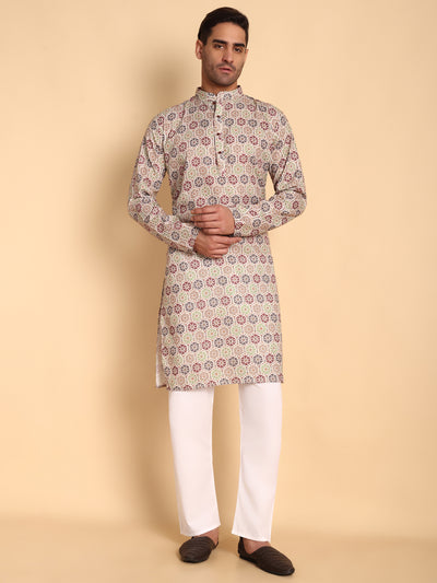 Traditional Beige Suzani Honey Comb Printed Men's Cotton Kurta