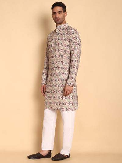 Traditional Beige Suzani Honey Comb Printed Men's Cotton Kurta