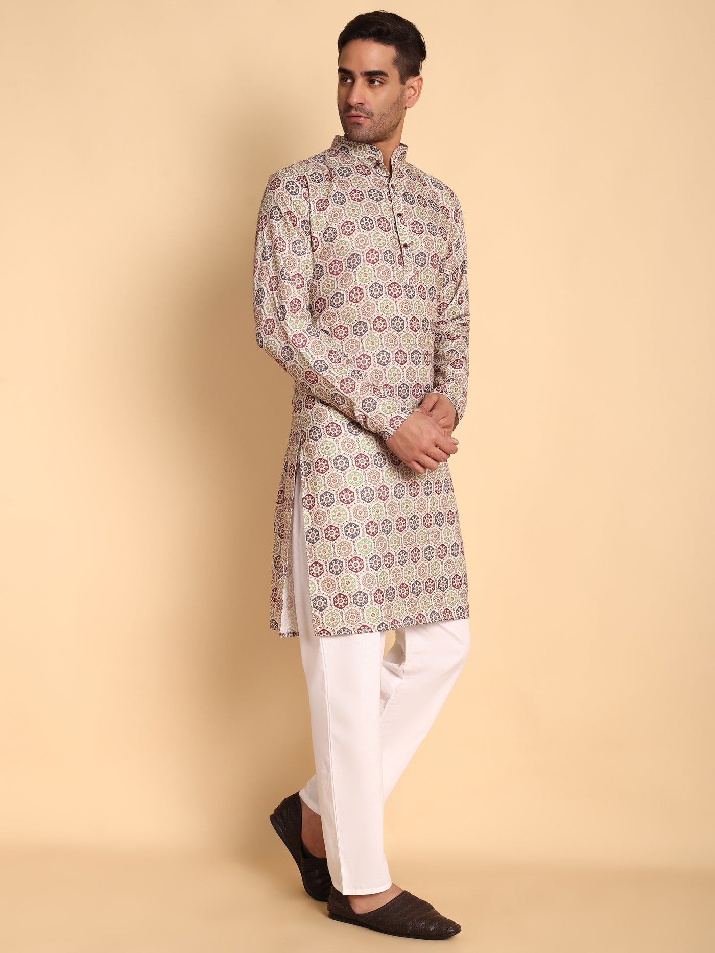 Traditional Beige Suzani Honey Comb Printed Men's Cotton Kurta