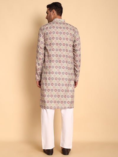 Traditional Beige Suzani Honey Comb Printed Men's Cotton Kurta