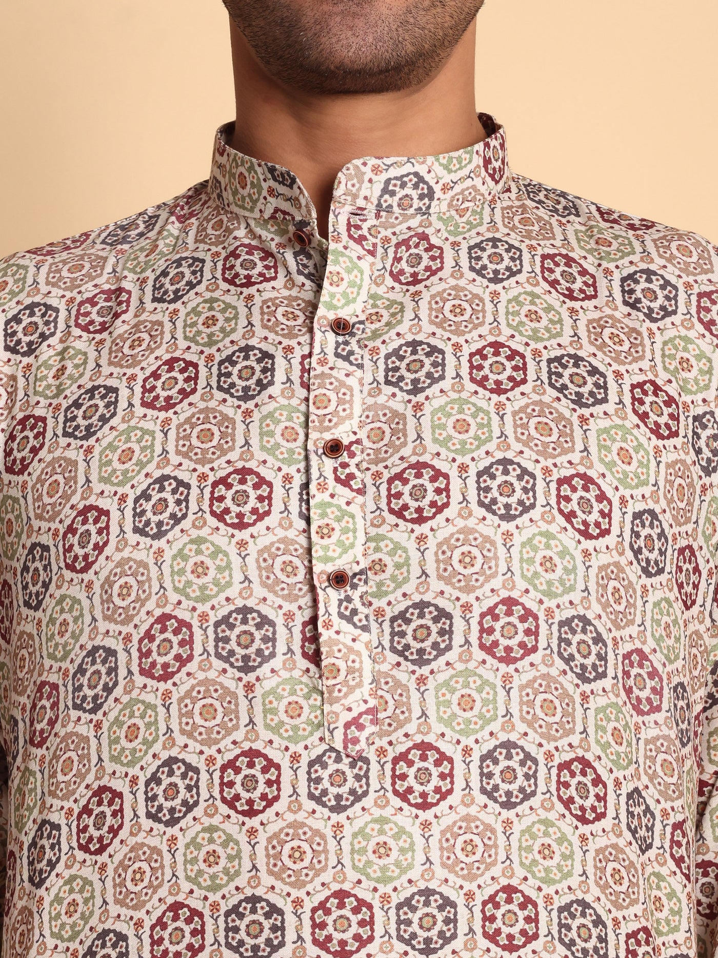 Traditional Beige Suzani Honey Comb Printed Men's Cotton Kurta