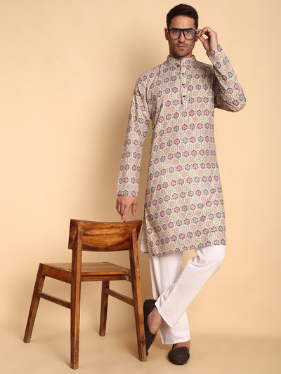 Traditional Beige Suzani Honey Comb Printed Men's Cotton Kurta