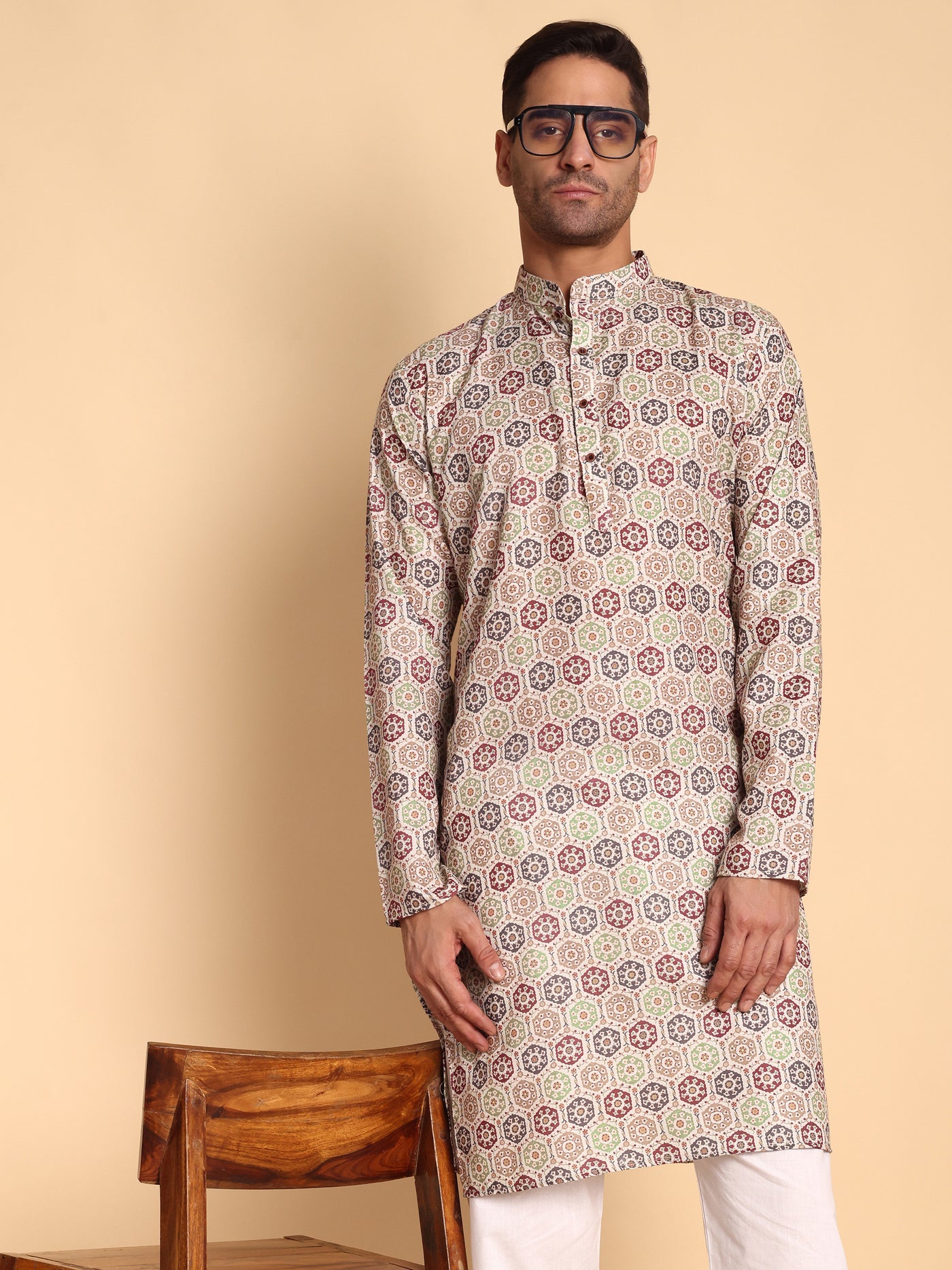 Traditional Beige Suzani Honey Comb Printed Men's Cotton Kurta