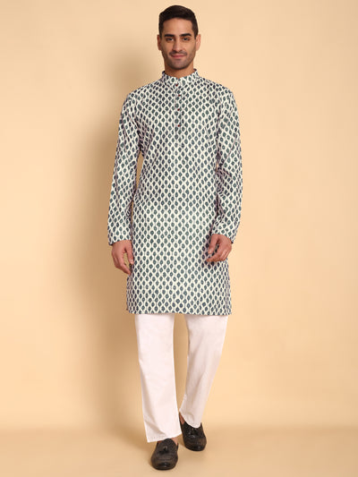 Traditional Cream Rustic Deco Tie Printed Men's Cotton Kurta