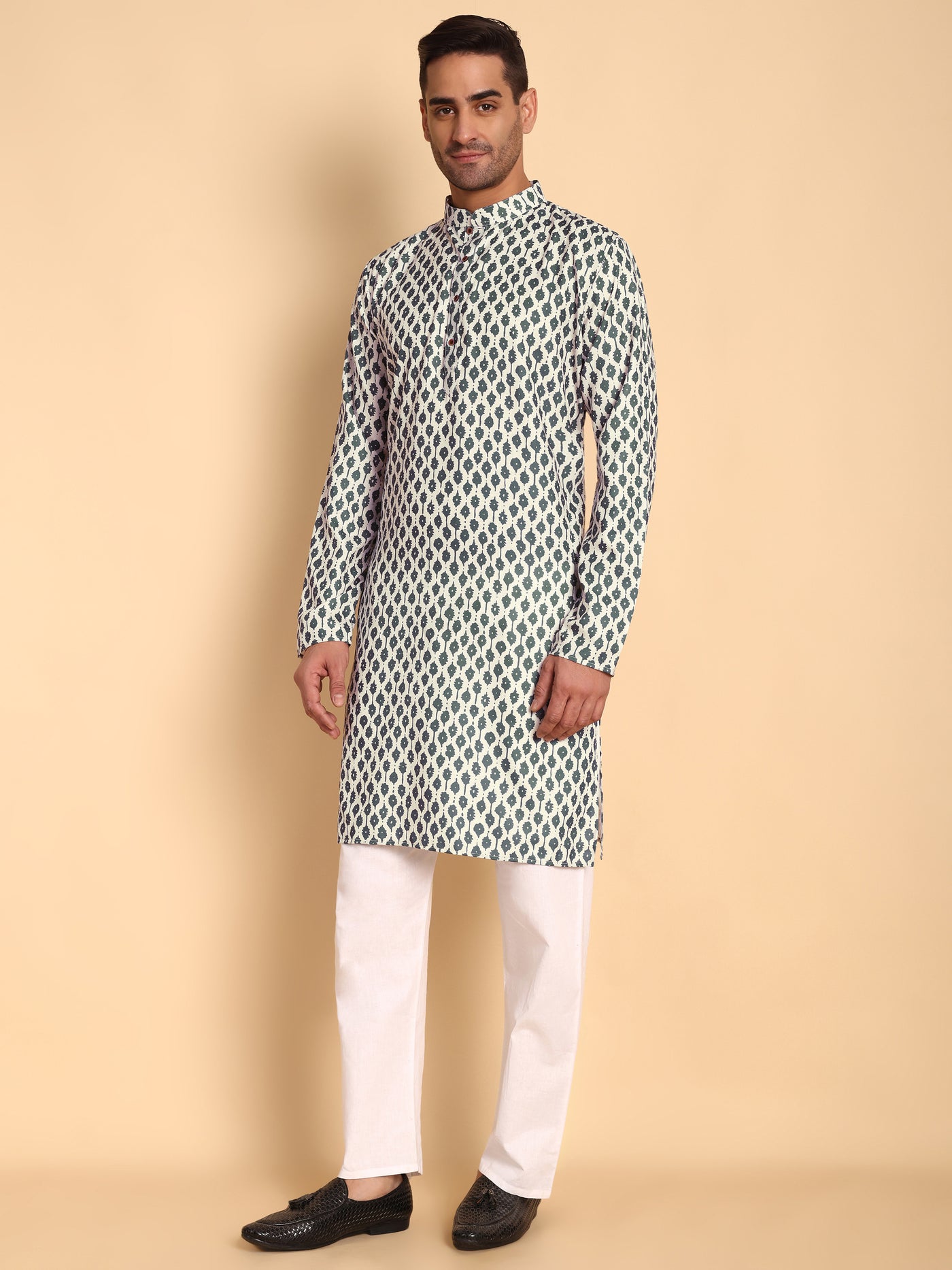 Traditional Cream Rustic Deco Tie Printed Men's Cotton Kurta