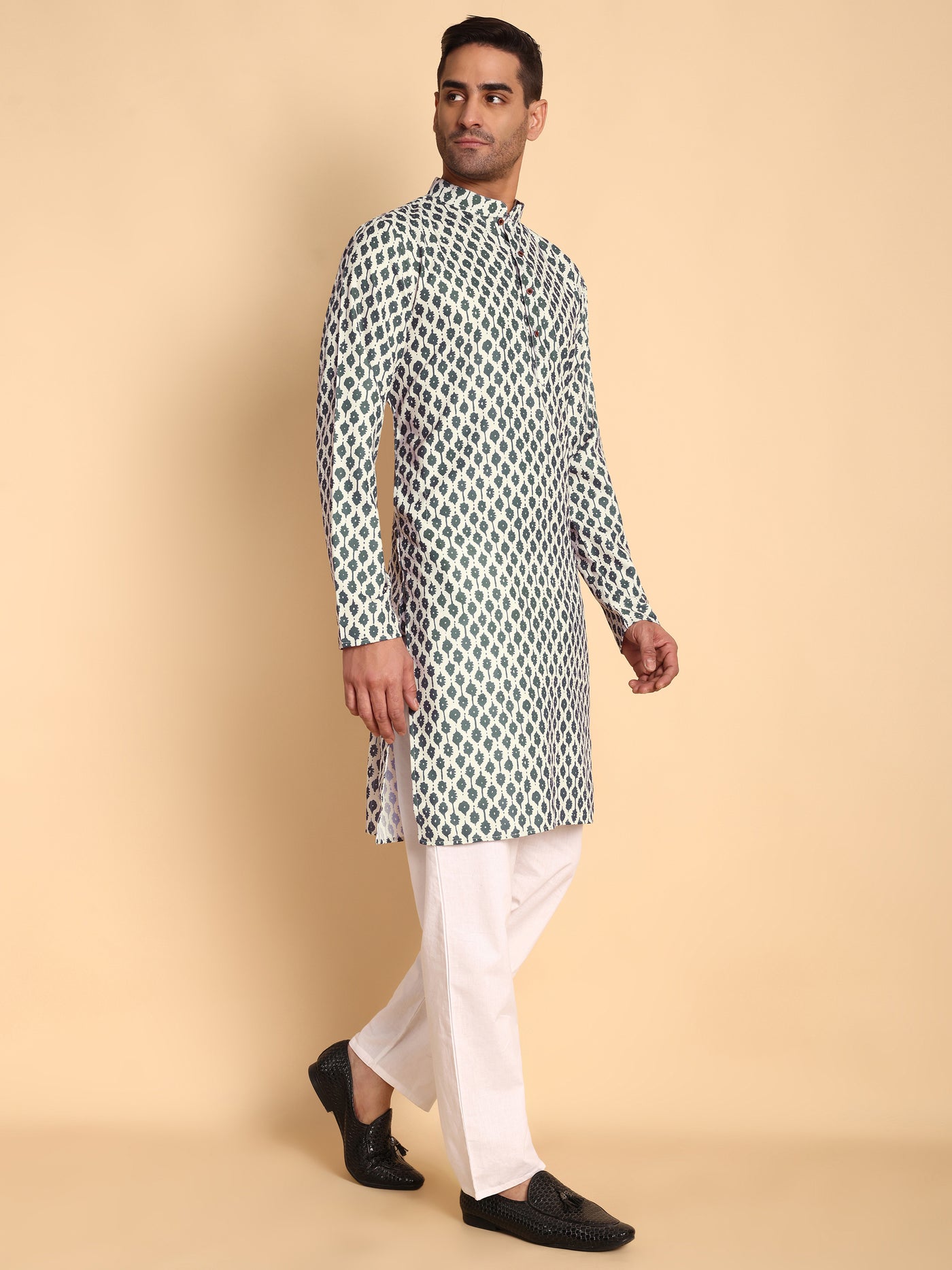 Traditional Cream Rustic Deco Tie Printed Men's Cotton Kurta