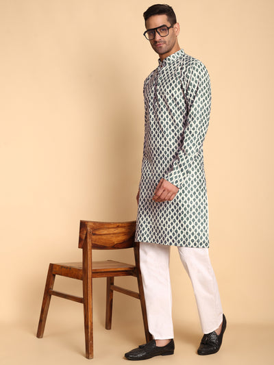 Traditional Cream Rustic Deco Tie Printed Men's Cotton Kurta