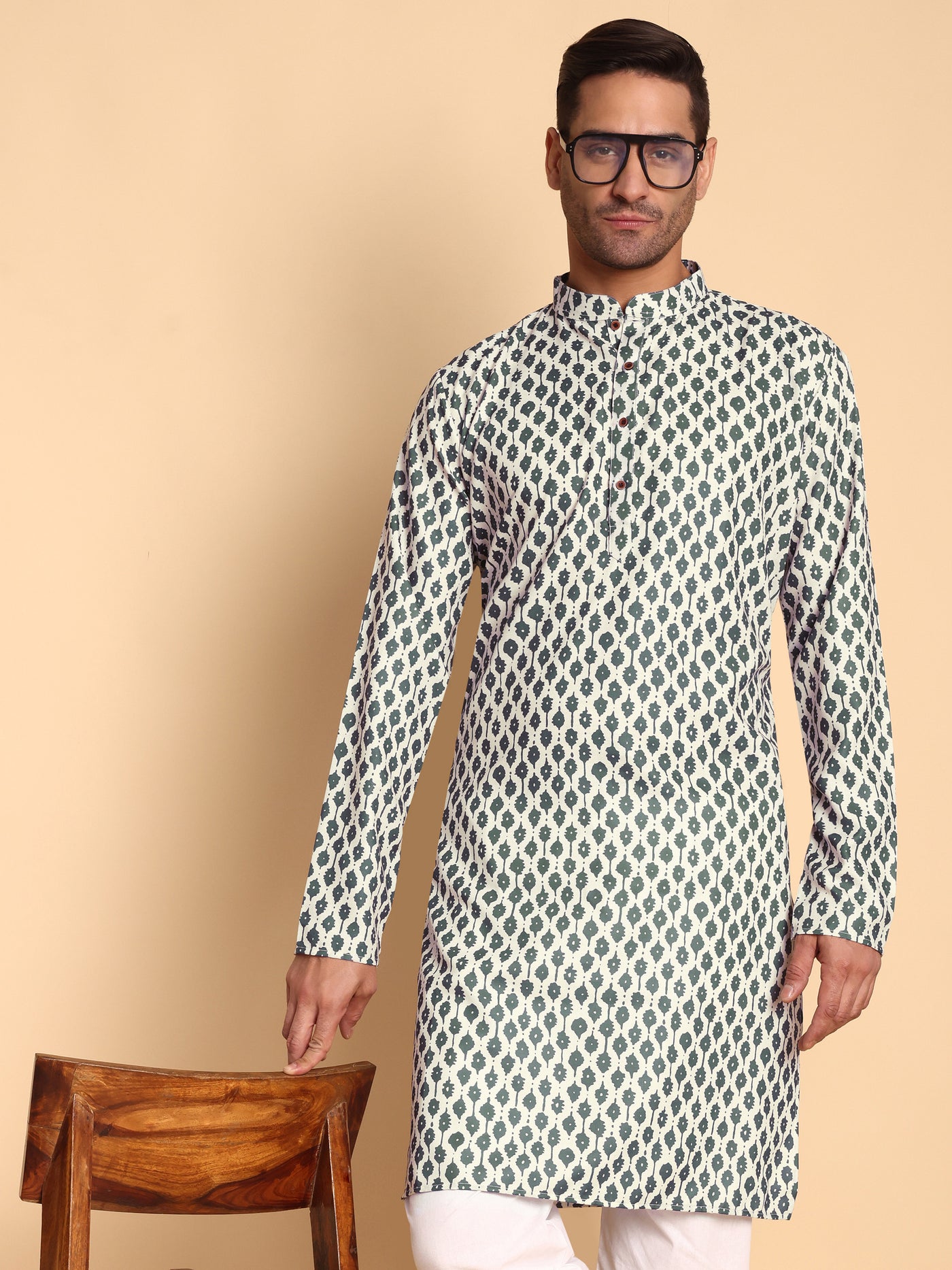 Traditional Cream Rustic Deco Tie Printed Men's Cotton Kurta