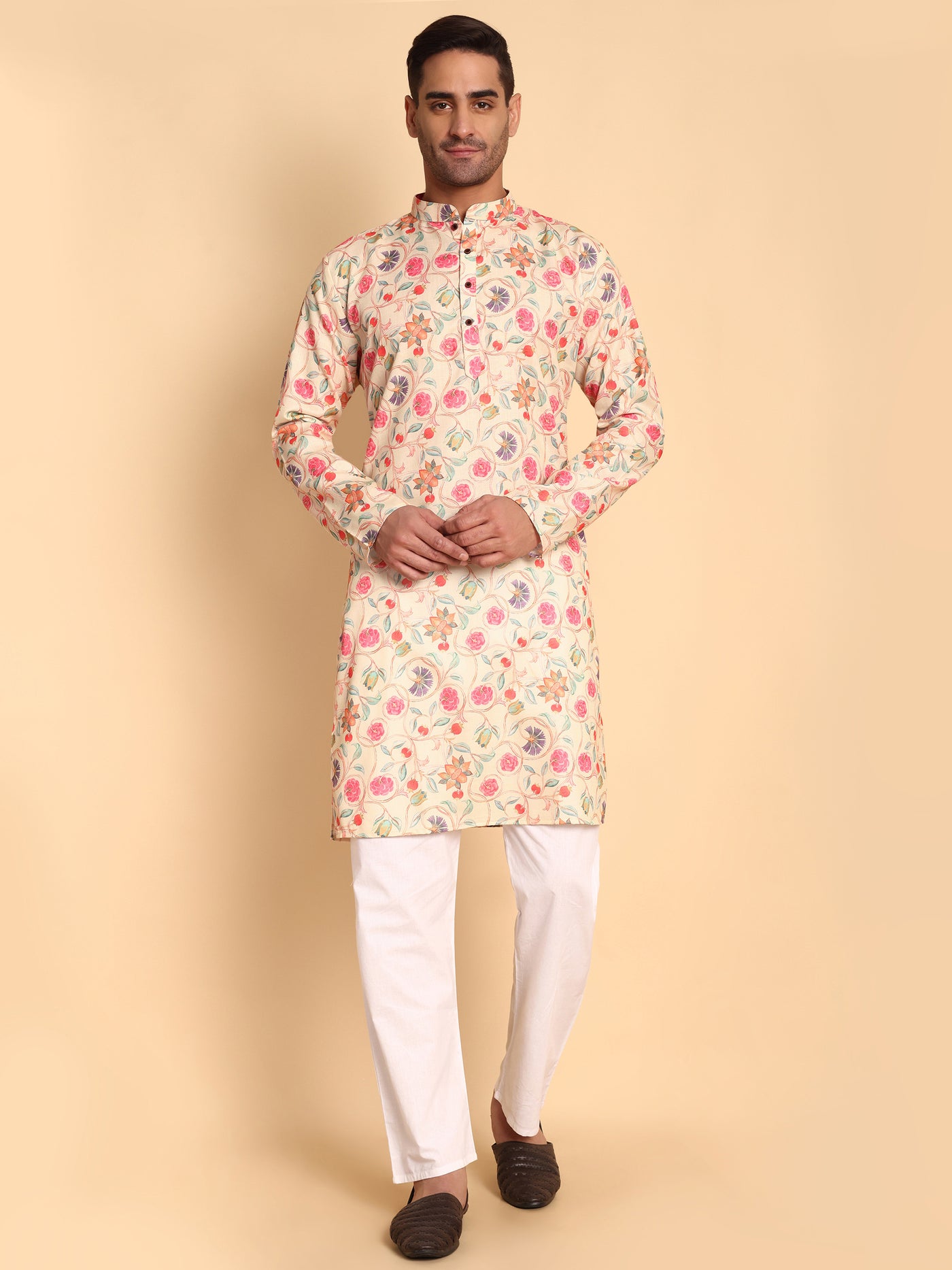 Traditional Chikoo Art Nouveau Batik Printed Men's Cotton Kurta