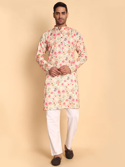 Traditional Chikoo Art Nouveau Batik Printed Men's Cotton Kurta