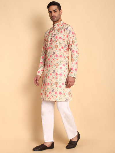 Traditional Chikoo Art Nouveau Batik Printed Men's Cotton Kurta