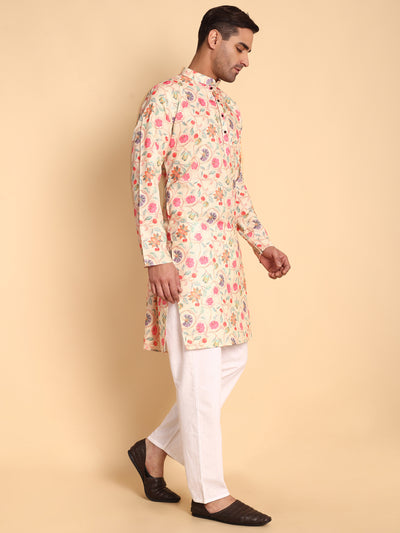 Traditional Chikoo Art Nouveau Batik Printed Men's Cotton Kurta