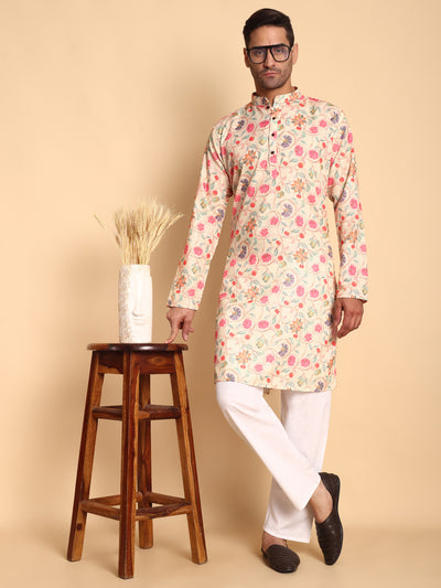 Traditional Chikoo Art Nouveau Batik Printed Men's Cotton Kurta