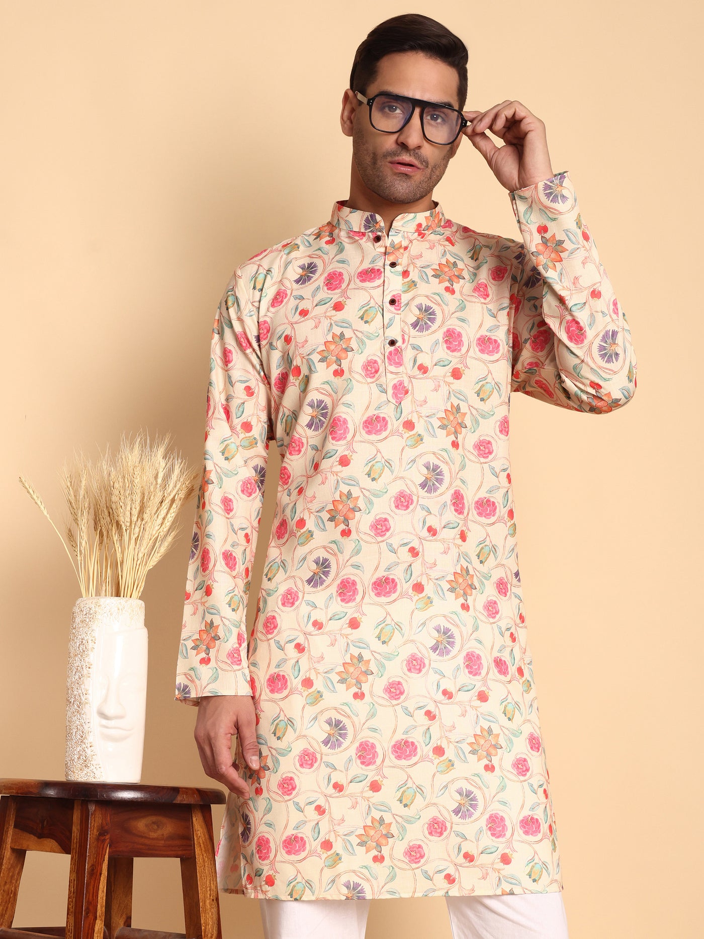 Traditional Chikoo Art Nouveau Batik Printed Men's Cotton Kurta