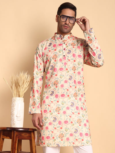 Traditional Chikoo Art Nouveau Batik Printed Men's Cotton Kurta