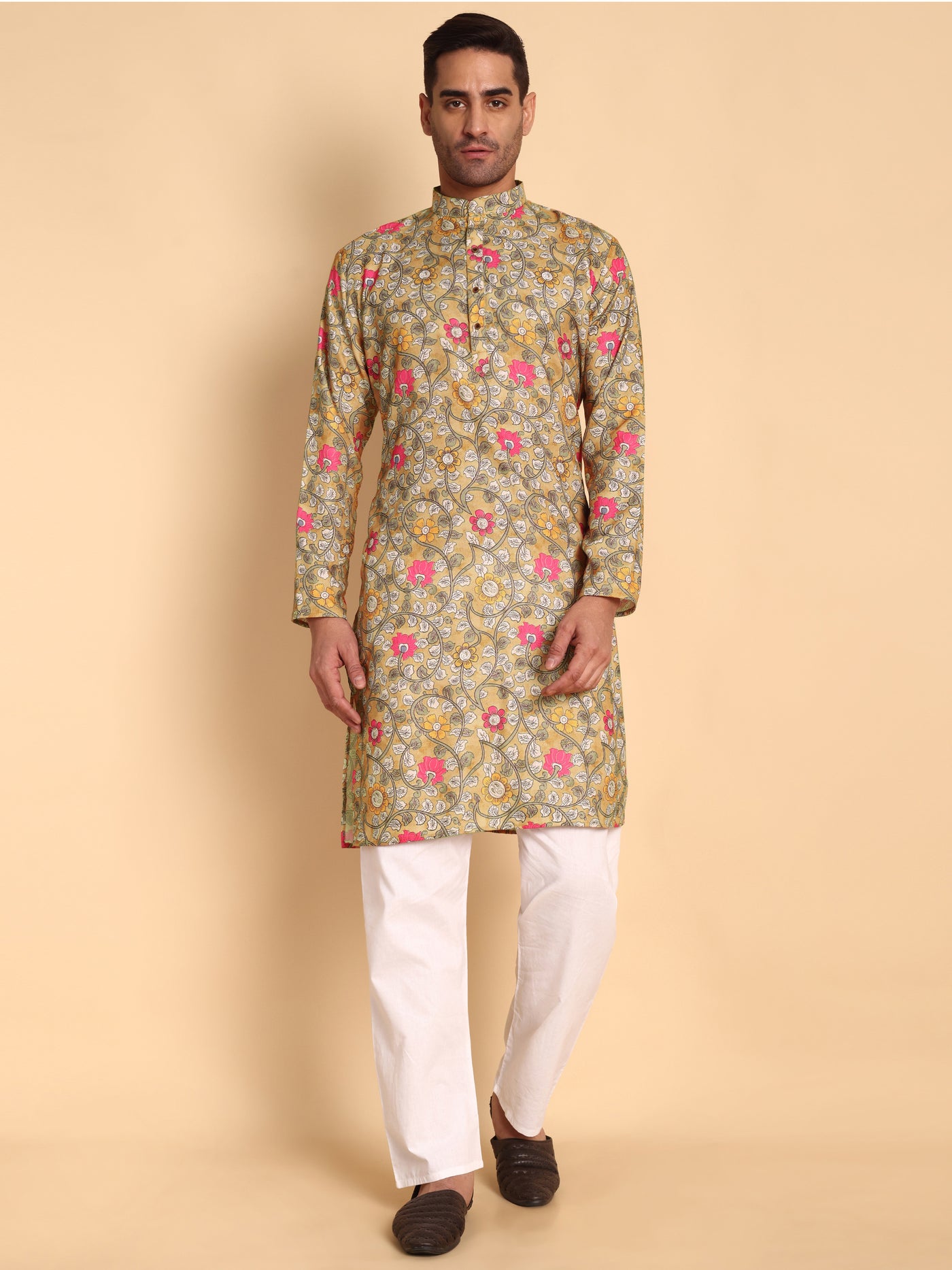 Traditional Yellow Jacobean Printed Men's Cotton Kurta