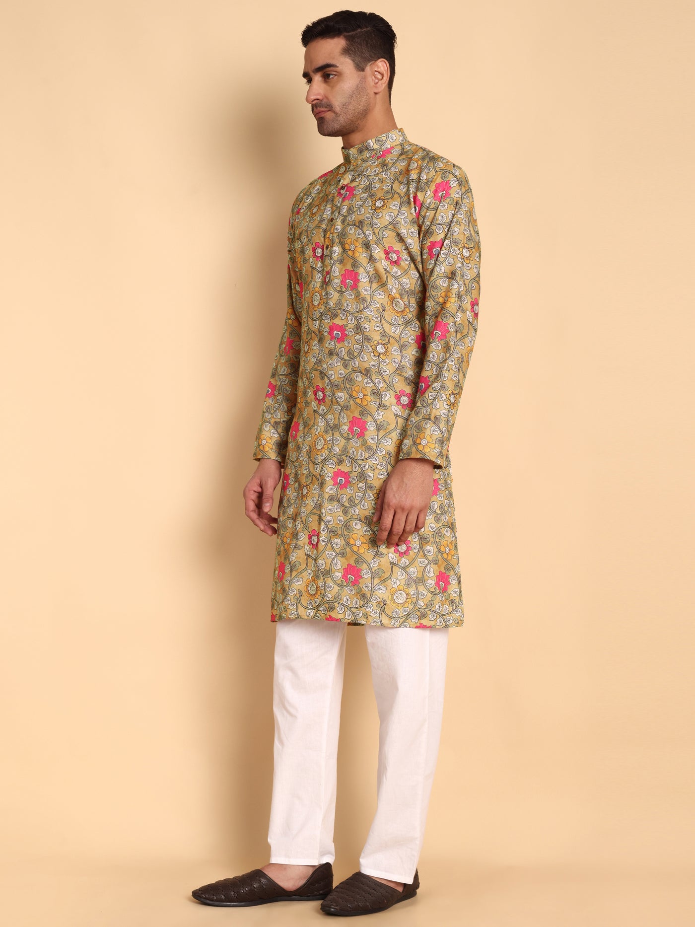 Traditional Yellow Jacobean Printed Men's Cotton Kurta