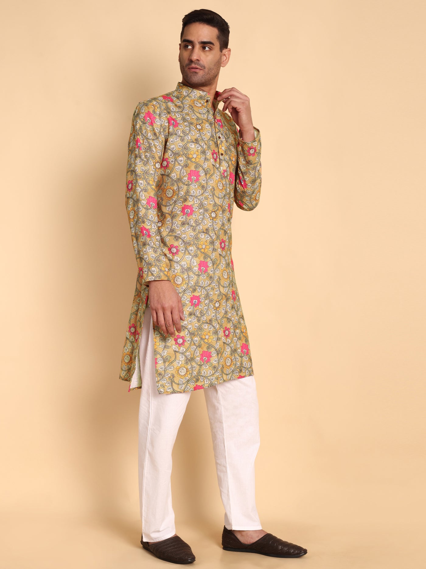 Traditional Yellow Jacobean Printed Men's Cotton Kurta