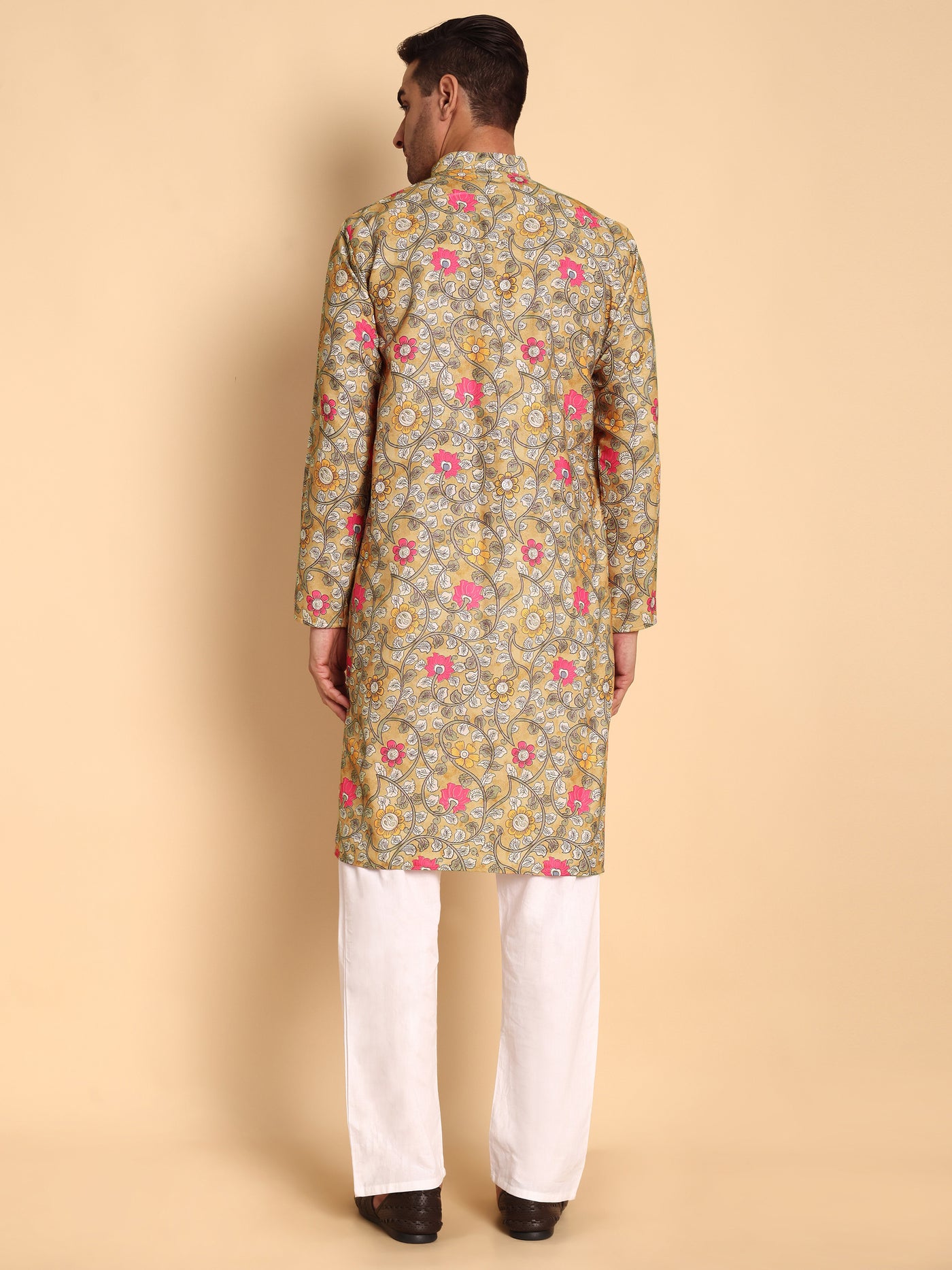 Traditional Yellow Jacobean Printed Men's Cotton Kurta