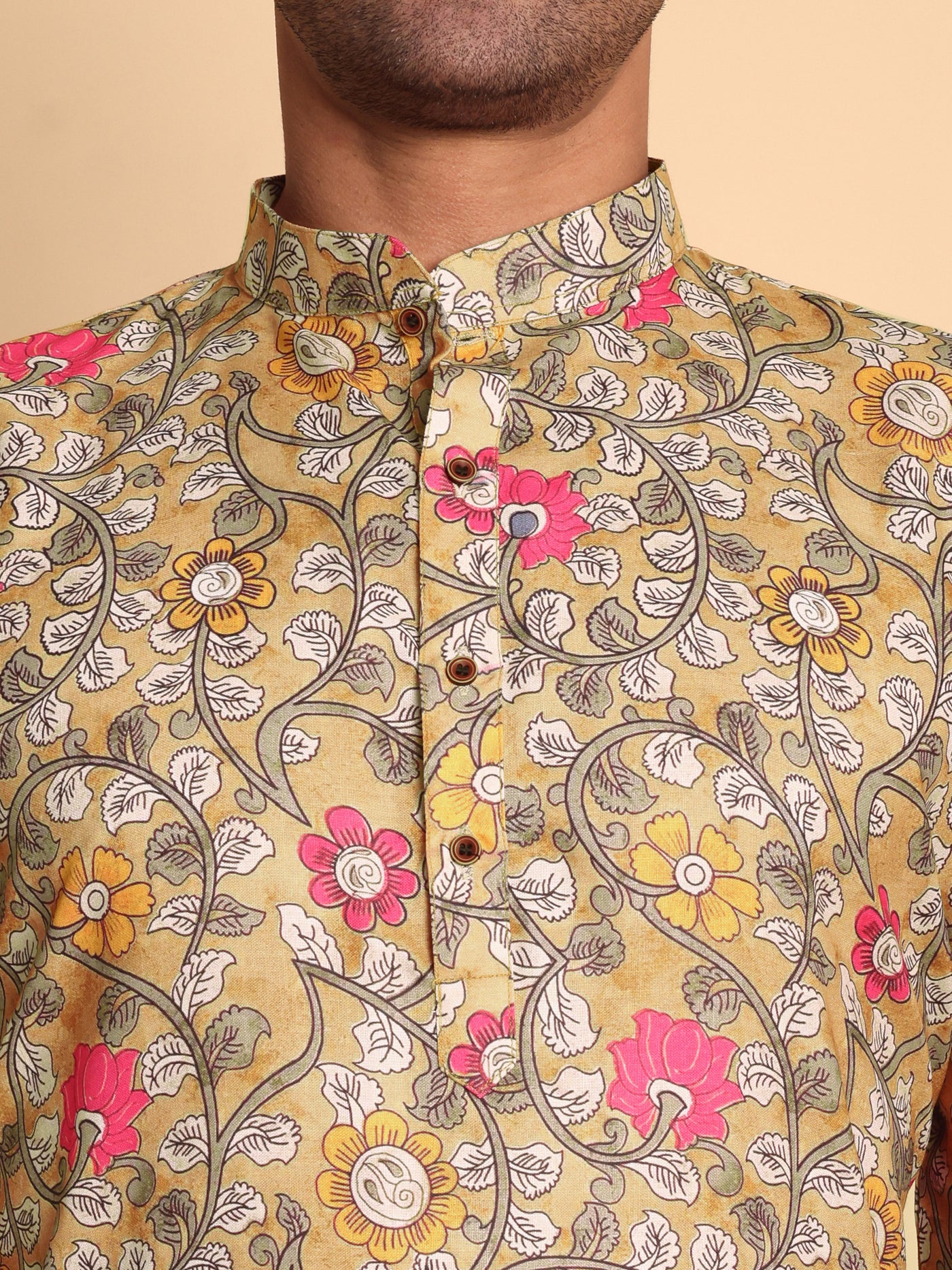 Traditional Yellow Jacobean Printed Men's Cotton Kurta