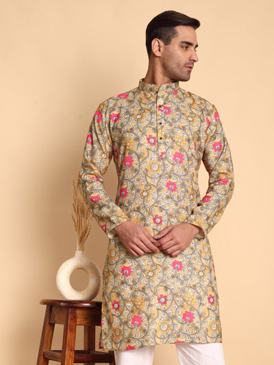 Traditional Yellow Jacobean Printed Men's Cotton Kurta