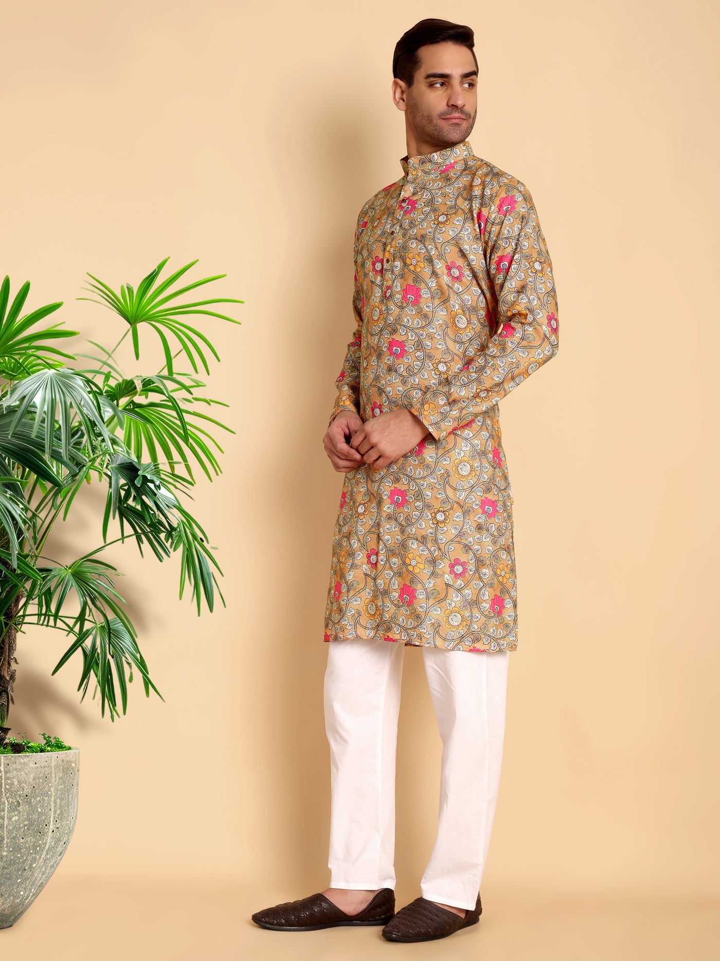 Traditional Yellow Jacobean Printed Men's Cotton Kurta