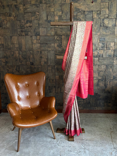 Cream Pink Woven Kalamkari Art Silk Traditional Saree with Zari Work