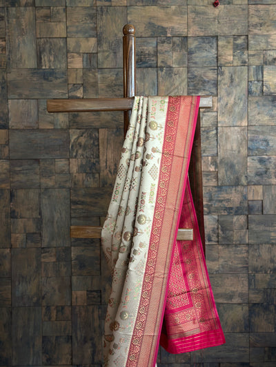 Cream Wine Woven Kalamkari Art Silk Traditional Saree with Zari Work