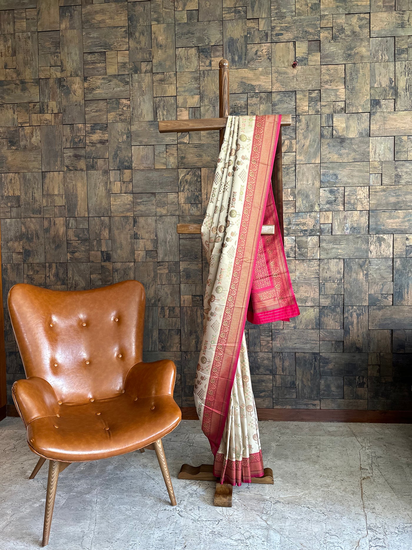 Cream Wine Woven Kalamkari Art Silk Traditional Saree with Zari Work