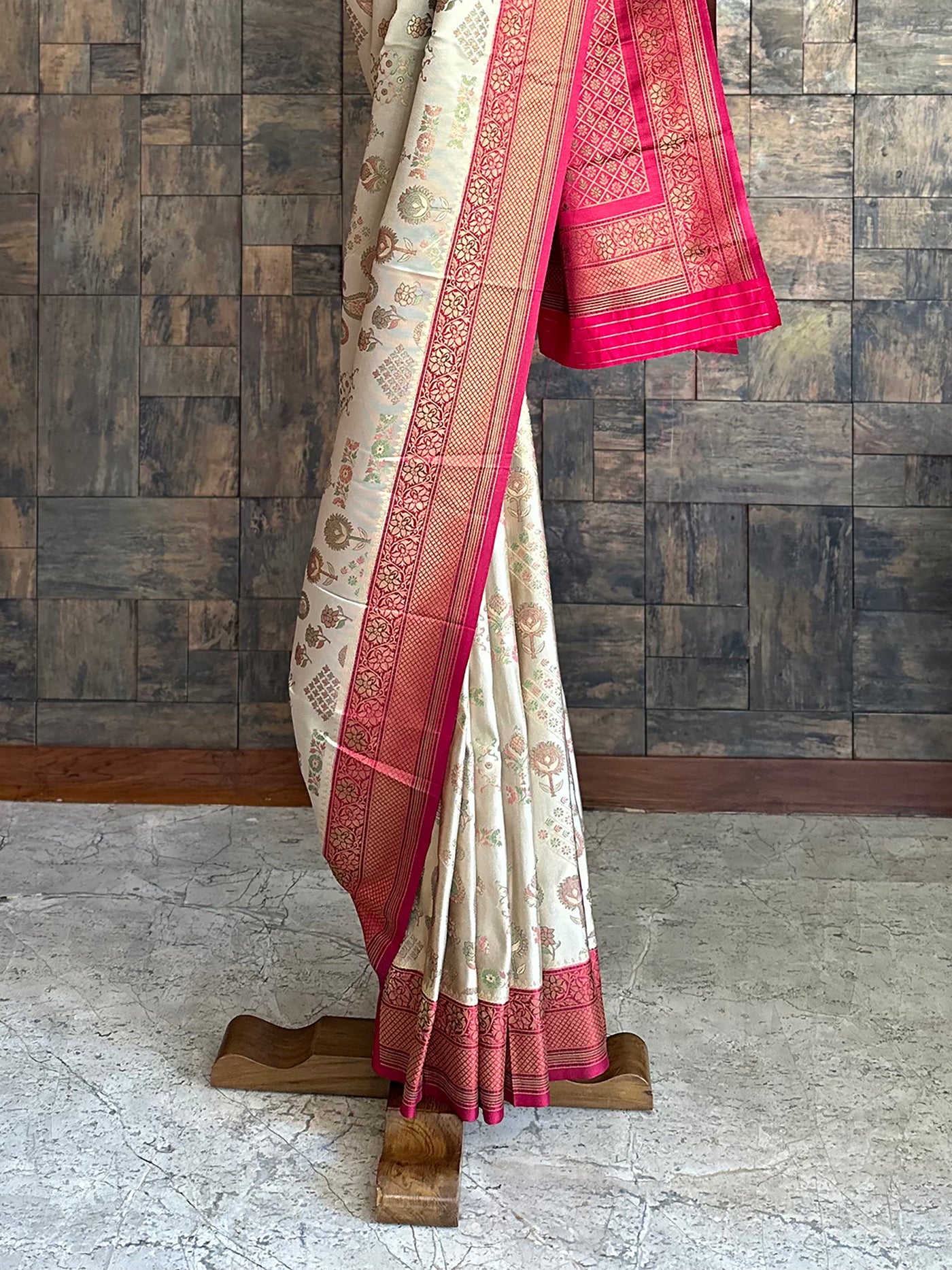 Cream Wine Woven Kalamkari Traditional Saree with Zari Work