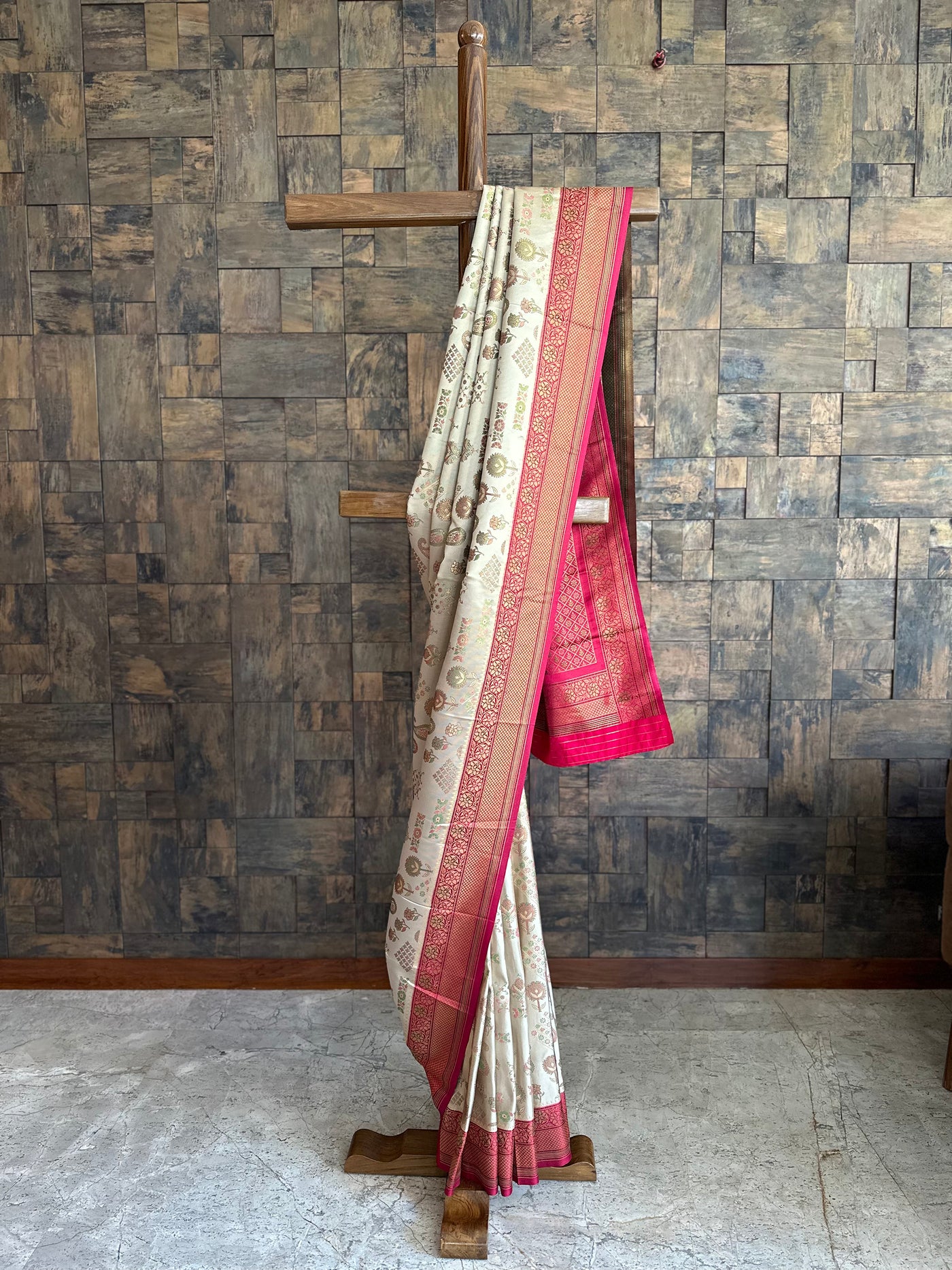 Cream Wine Woven Kalamkari Traditional Saree with Zari Work