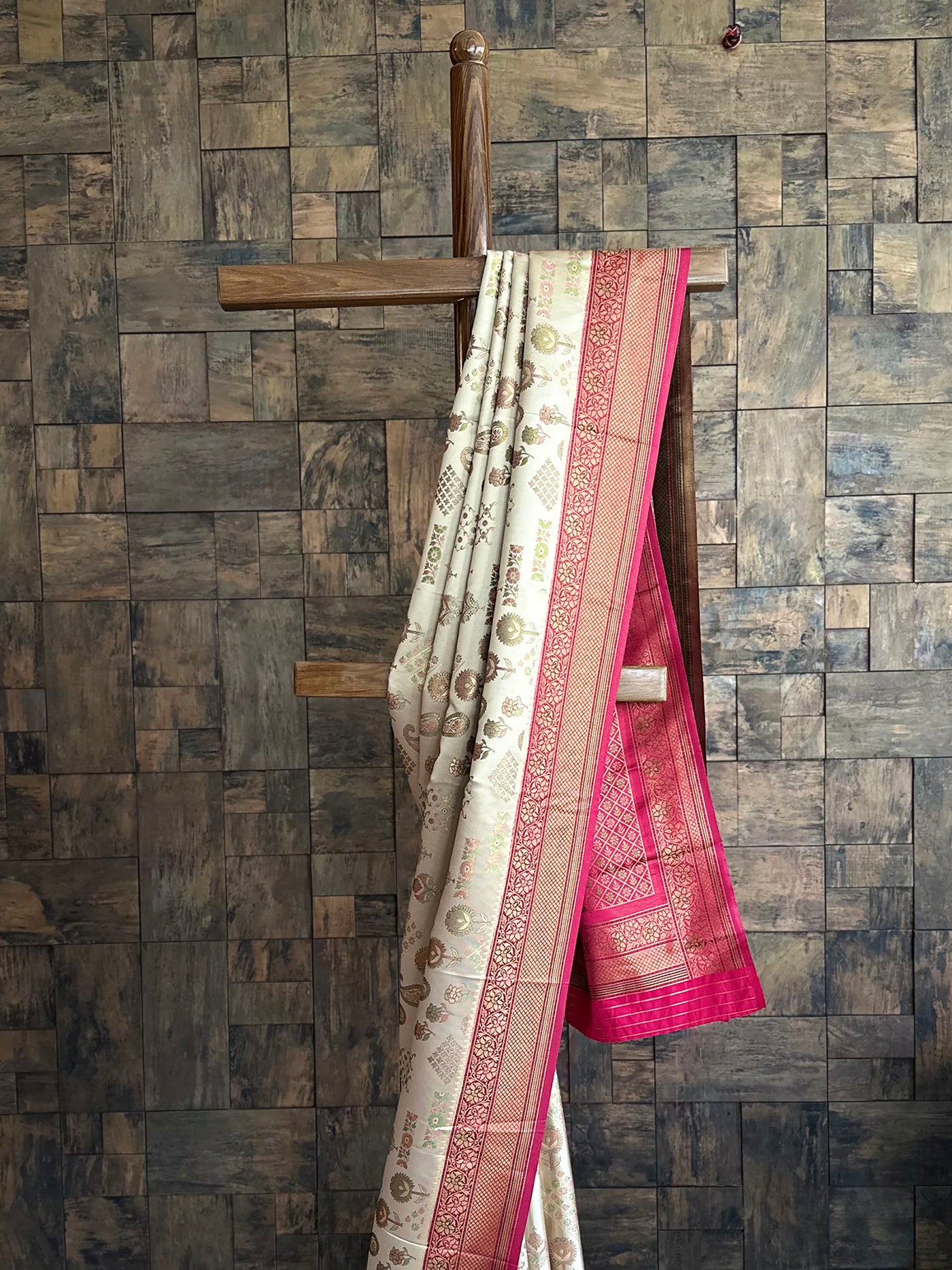 Cream Wine Woven Kalamkari Art Silk Traditional Saree with Zari Work