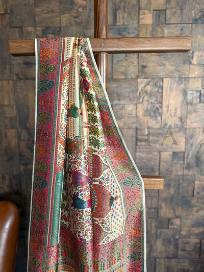 Off White Woven Katan Banarasi Darbari Rajputana Art Silk Saree with Traditional Kalamkari Zari Work