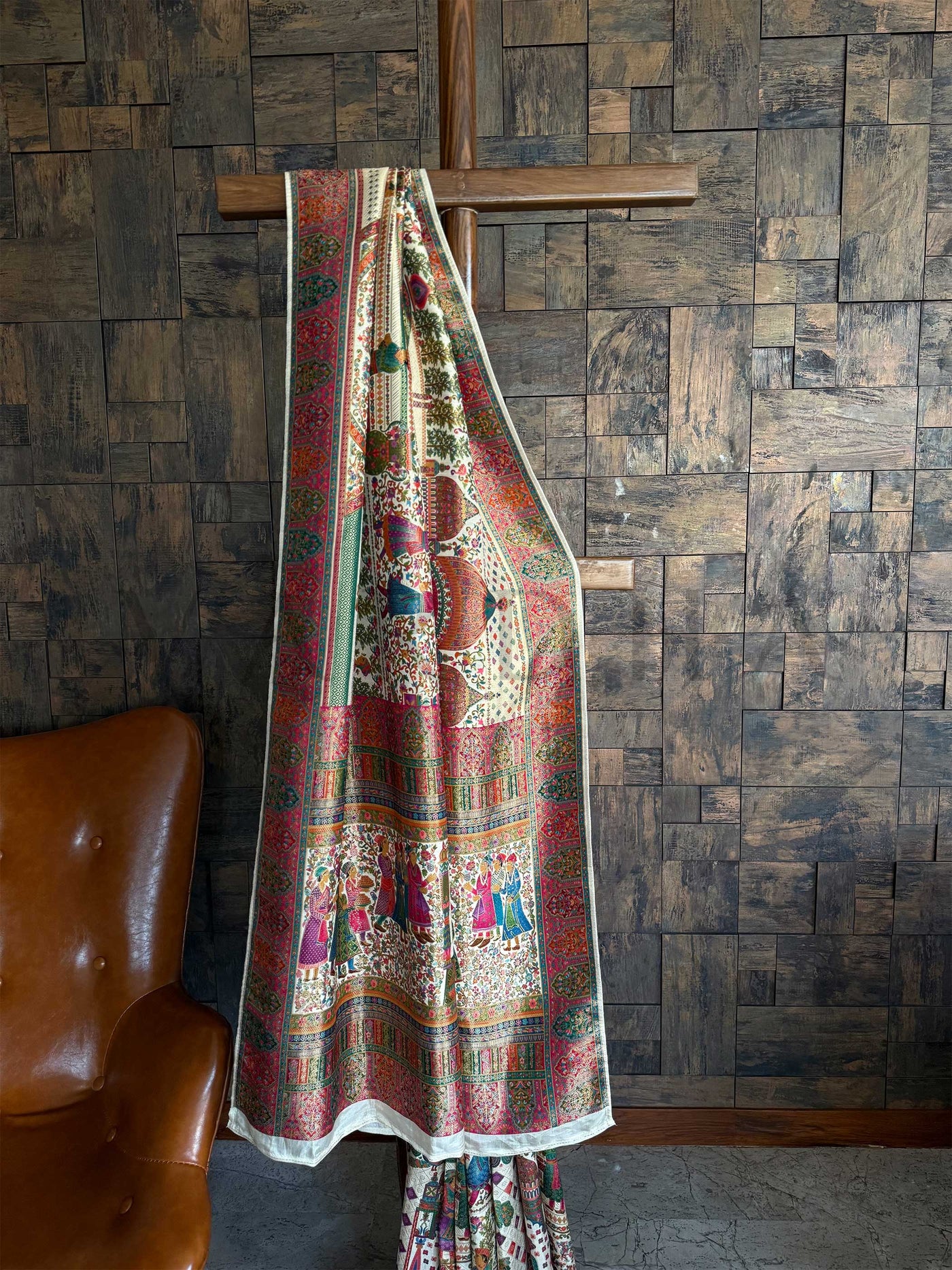 Off White Woven Katan Banarasi Darbari Rajputana Art Silk Saree with Traditional Kalamkari Zari Work