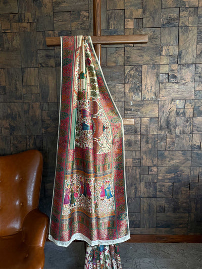 Off White Woven Katan Banarasi Darbari Rajputana Art Silk Saree with Traditional Kalamkari Zari Work