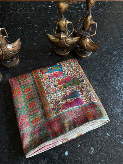 Off White Woven Katan Banarasi Darbari Rajputana Art Silk Saree with Traditional Kalamkari Zari Work