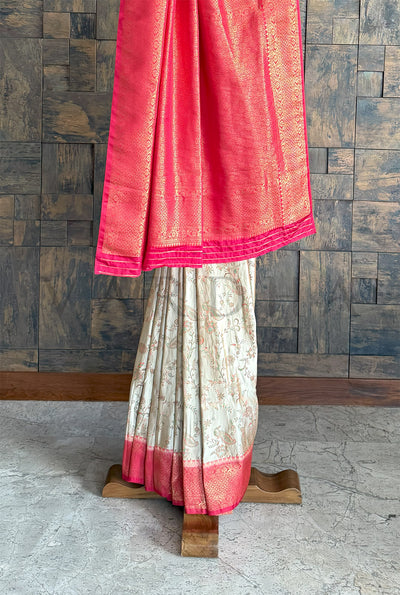 Cream Red Woven Kalamkari Traditional Silk Saree with Intricate Zari Work