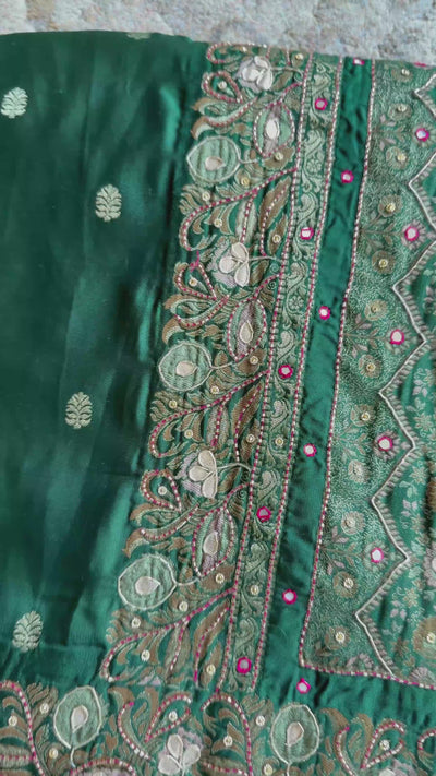 Emerald Green Banarasi Jamawar Satin Silk Saree With Handwork Embroidery Buttis