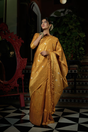 Royal Mustard Yellow Copper-Silver Zari Kanjeevaram Silk Saree | House of Vardha